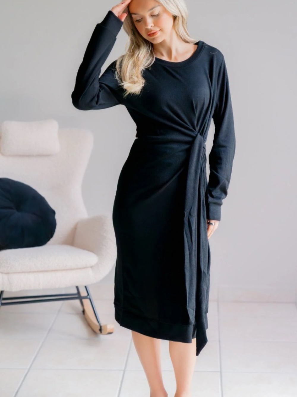 Knot-Front Black Long Sleeve Midi Dress